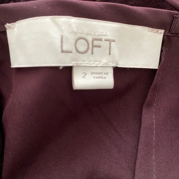 LOFT Women's Sz 2 Wine Burgundy Lace Shift Dress Cocktail Party 3/4 Sleeve - Picture 3 of 9